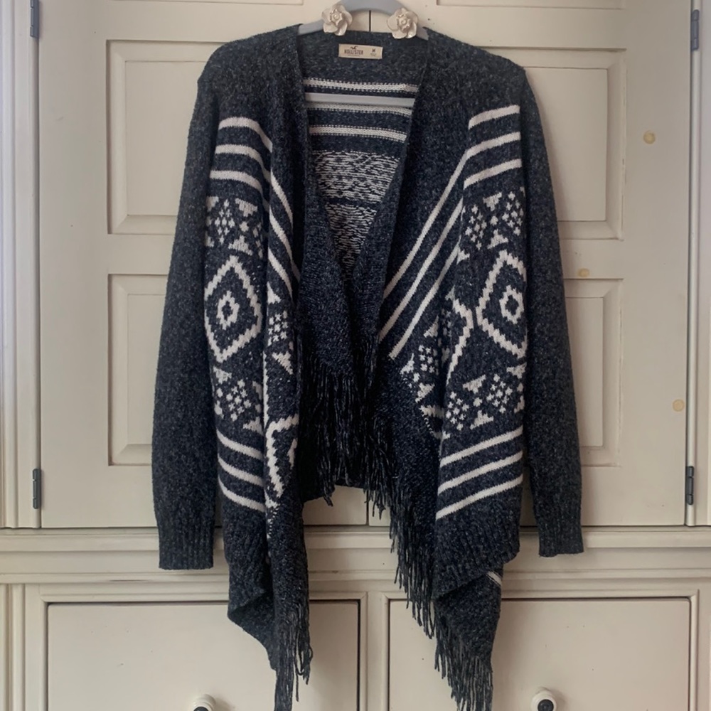 Hollister Open Front Knit Fringe Sweater Cardigan, Charcoal and White, Size Med